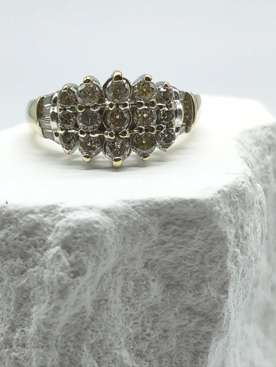 Vintage 14k Yellow Gold Triple Row Diamond Pyramid Cocktail Ring - Picture 6 of 12
